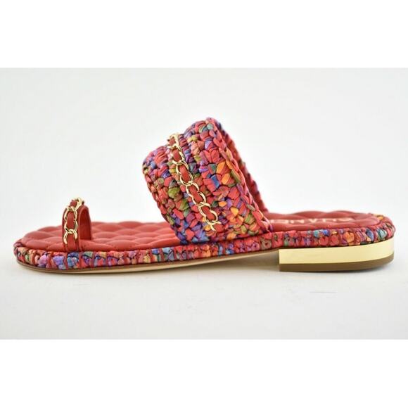 Chanel 20S Red Blue Purple Raffia Tweed CC Logo Mule Slide Strap Flat Sandal 36 - Picture 9 of 12